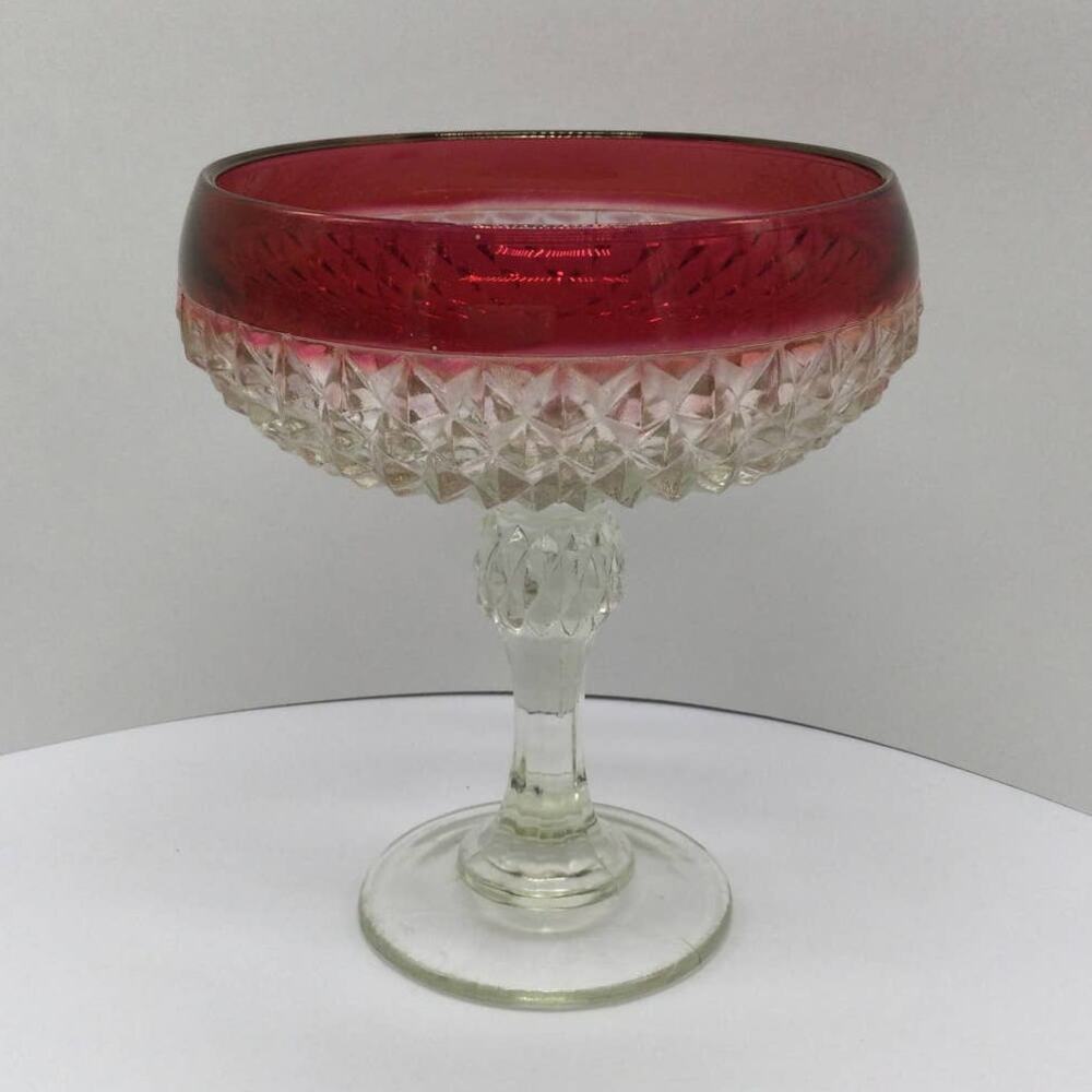 Indiana Glass Compote Diamond Point Pattern and Ruby Red or Cranberry Rim Glass